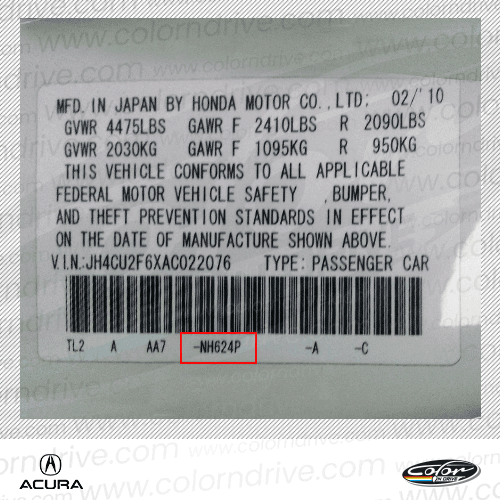 The paint code label on a Acura