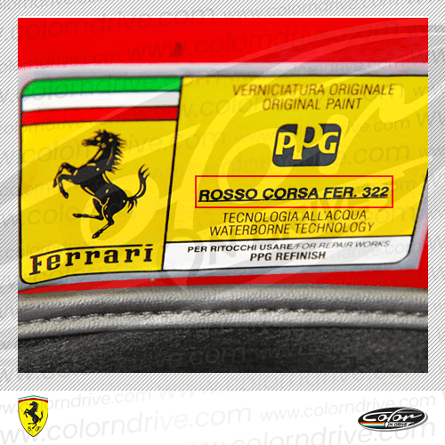 The paint code label on a Ferrari