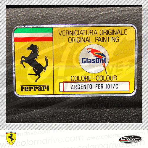 The paint code label on a Ferrari