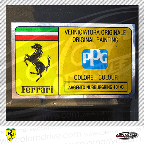 The paint code label on a Ferrari