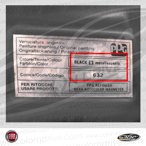 The paint code label on a Fiat
