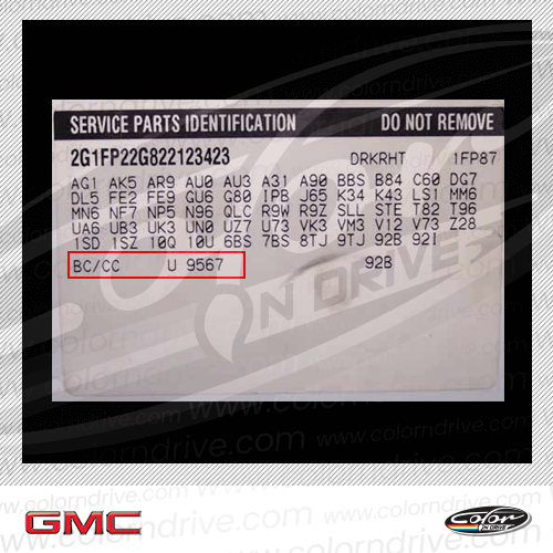 The paint code label on a GMC