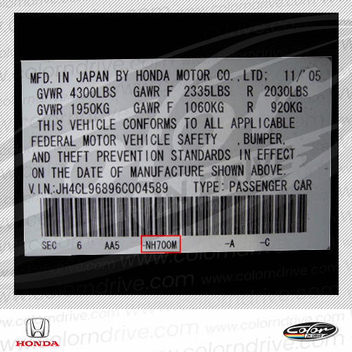 The paint code label on a Honda