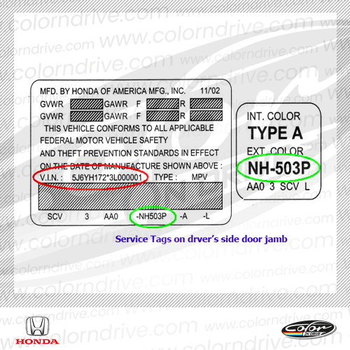 The paint code label on a Honda