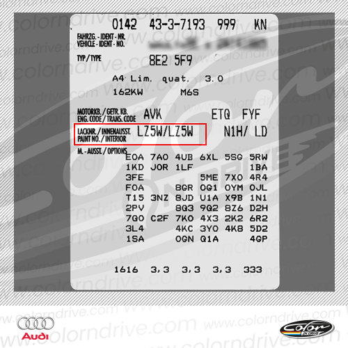 The paint code label on a Audi
