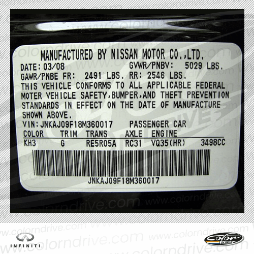 The paint code label on a Infiniti