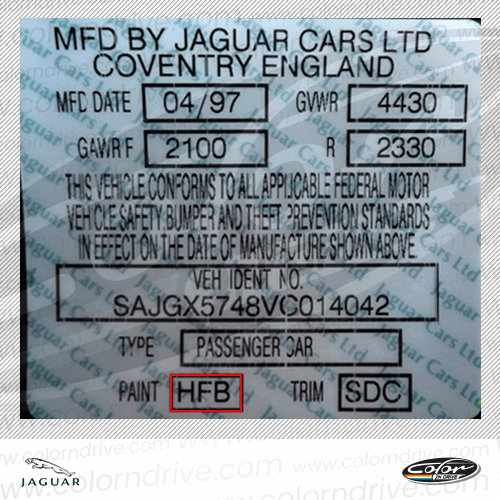 The paint code label on a Jaguar