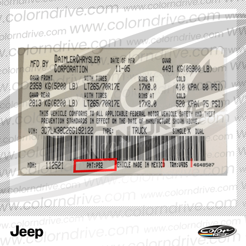 The paint code label on a Jeep