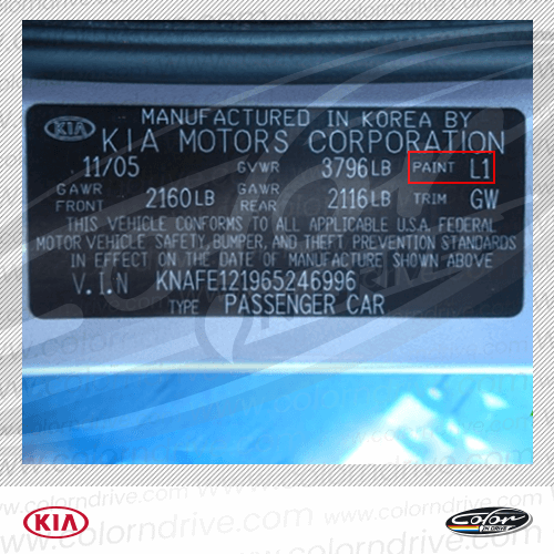 The paint code label on a Kia