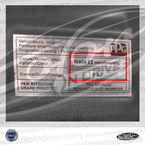 The paint code label on a Lancia