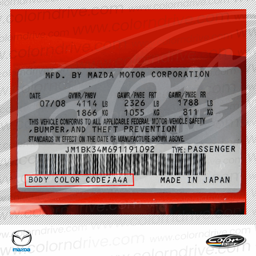 The paint code label on a Mazda