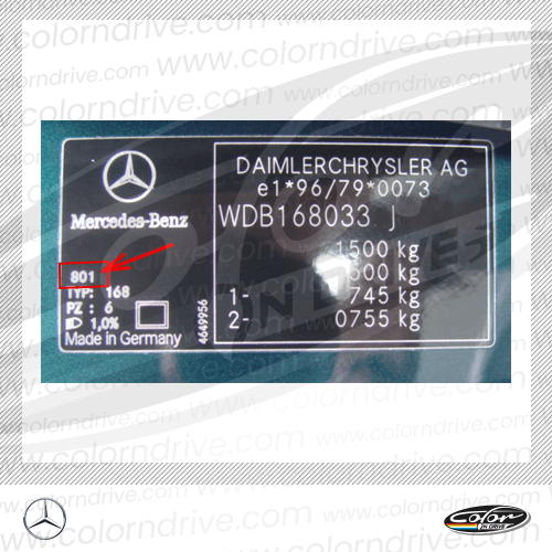 The paint code label on a Mercedes-Benz