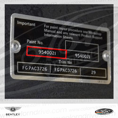 The paint code label on a Bentley
