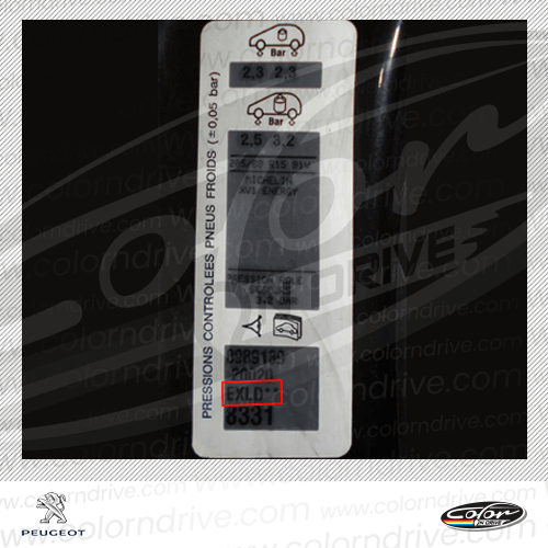 The paint code label on a Peugeot