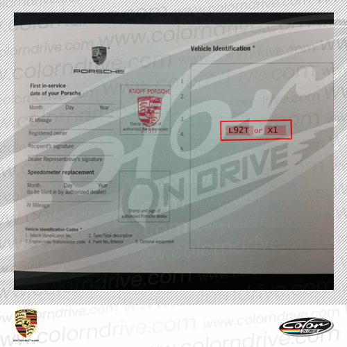 The paint code label on a Porsche