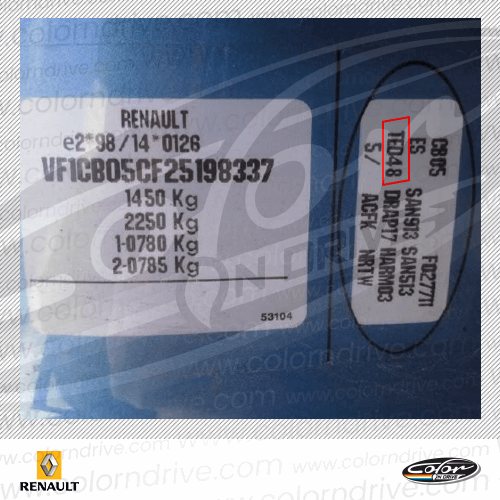 The paint code label on a Renault