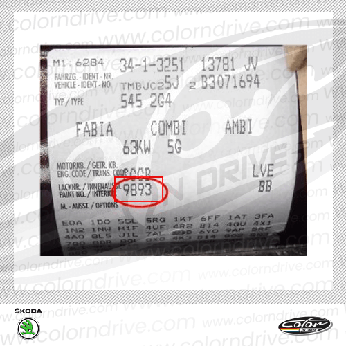The paint code label on a Skoda