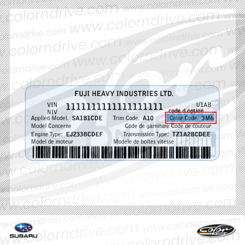 The paint code label on a Subaru