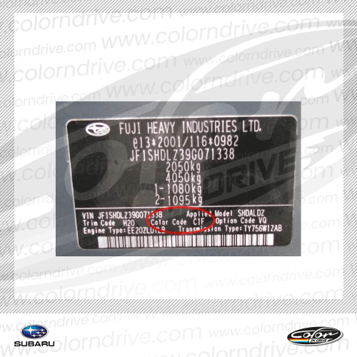 The paint code label on a Subaru