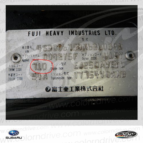 The paint code label on a Subaru