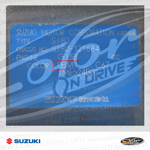 The paint code label on a Suzuki