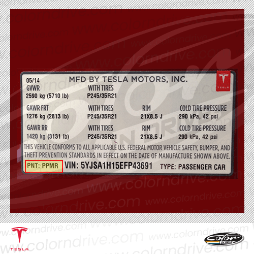The paint code label on a Tesla