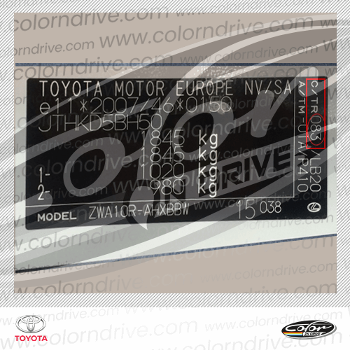 The paint code label on a Toyota