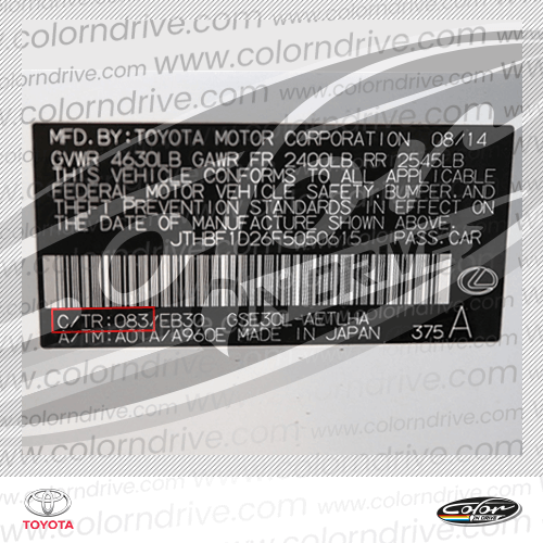 The paint code label on a Toyota