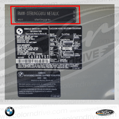 The paint code label on a BMW