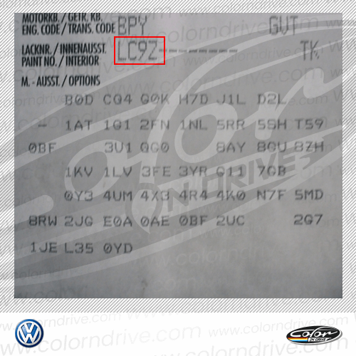 The paint code label on a Volkswagen