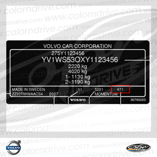 The paint code label on a Volvo