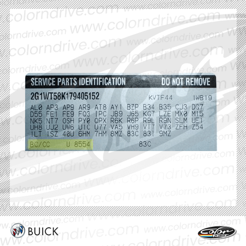 The paint code label on a Buick