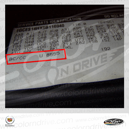 The paint code label on a Cadillac