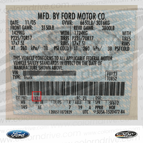 The paint code label on a Ford
