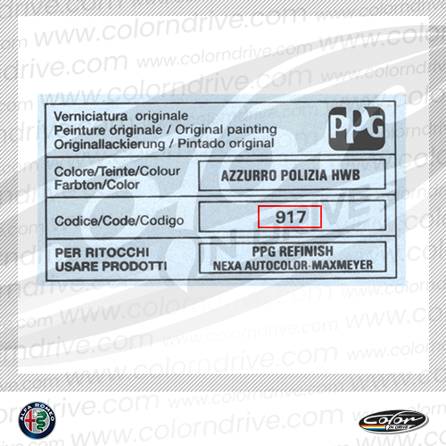The paint code label on a Alfa Romeo