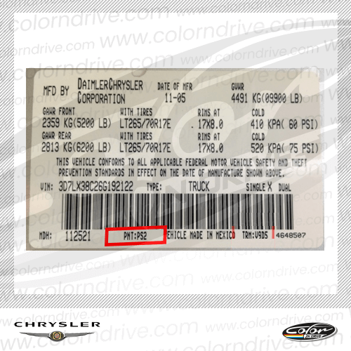 The paint code label on a Chrysler