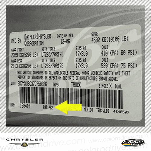 The paint code label on a Chrysler