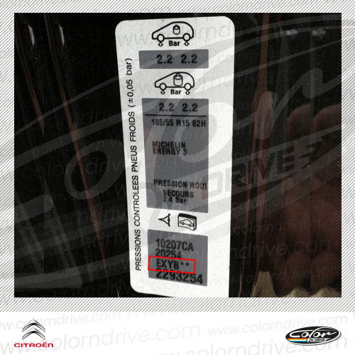 The paint code label on a Citroen