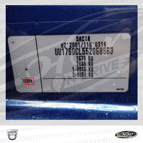 The paint code label on a Dacia