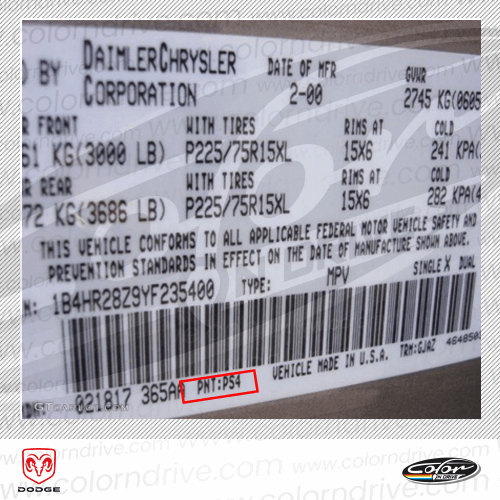 The paint code label on a Dodge