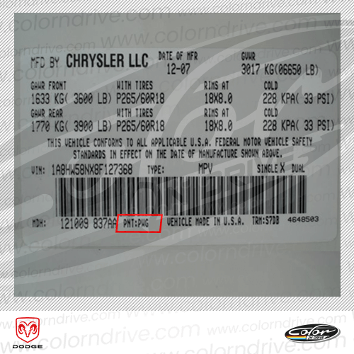 The paint code label on a Dodge